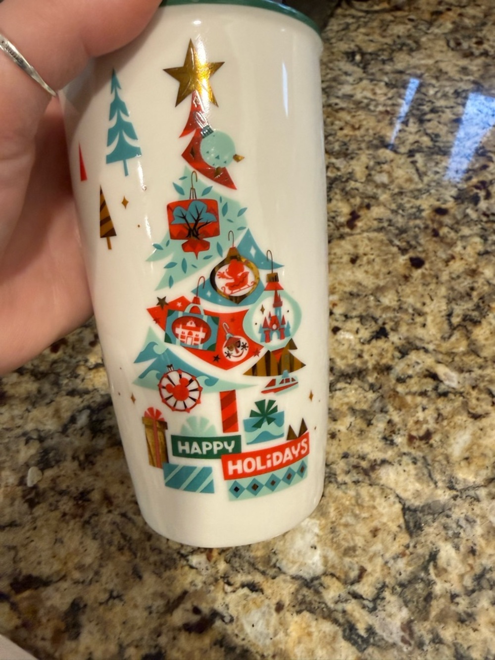 LIKE NEW Disney Starbucks Holiday Ceramic Travel Mug - Happy Holidays
